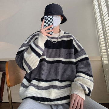Autumn Winter New Round Neck Long Sleeve Embroidered Sweater Men Fashion Contrast Color Striped Loose Casual All-match Tops